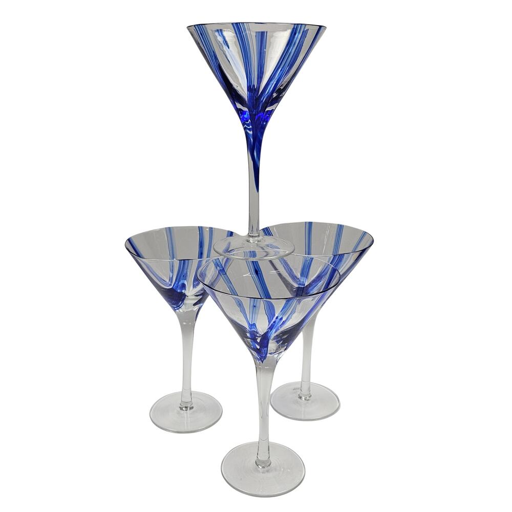 Lot of 4 VTG Hand Blown Clear and Cobalt Blue Stemmed Margarita/Martini Glasses